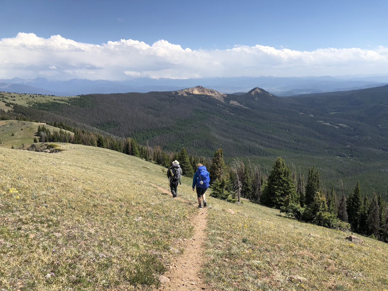 Two friends hiking along a mountaintop trail with beautiful views of trees, mountains, and blue skies for as far as the eye can see - which is quite far!