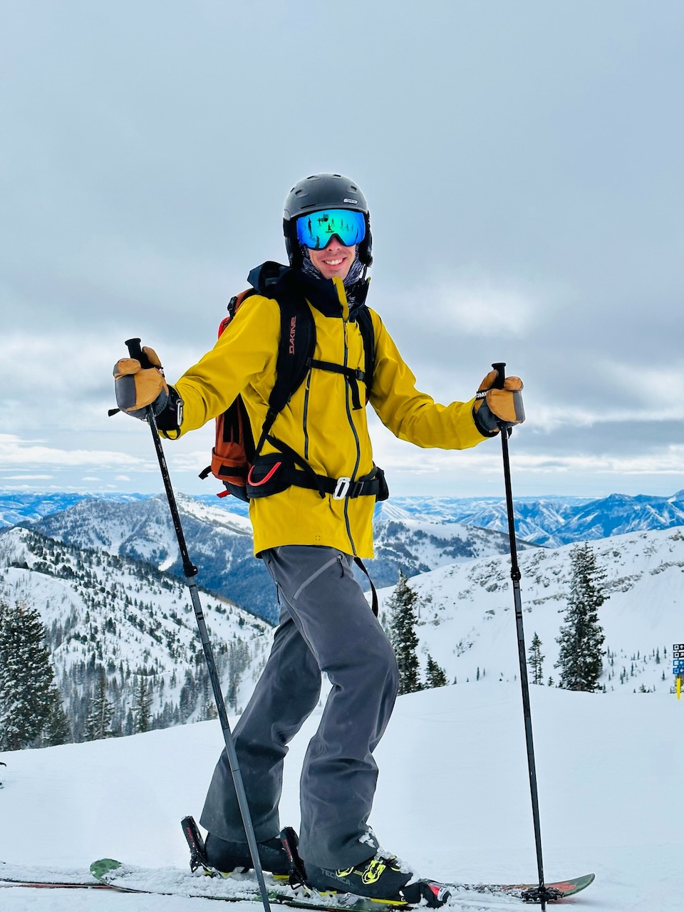 Matt skiing, standing atop Mineral Basin at Snowbird UT