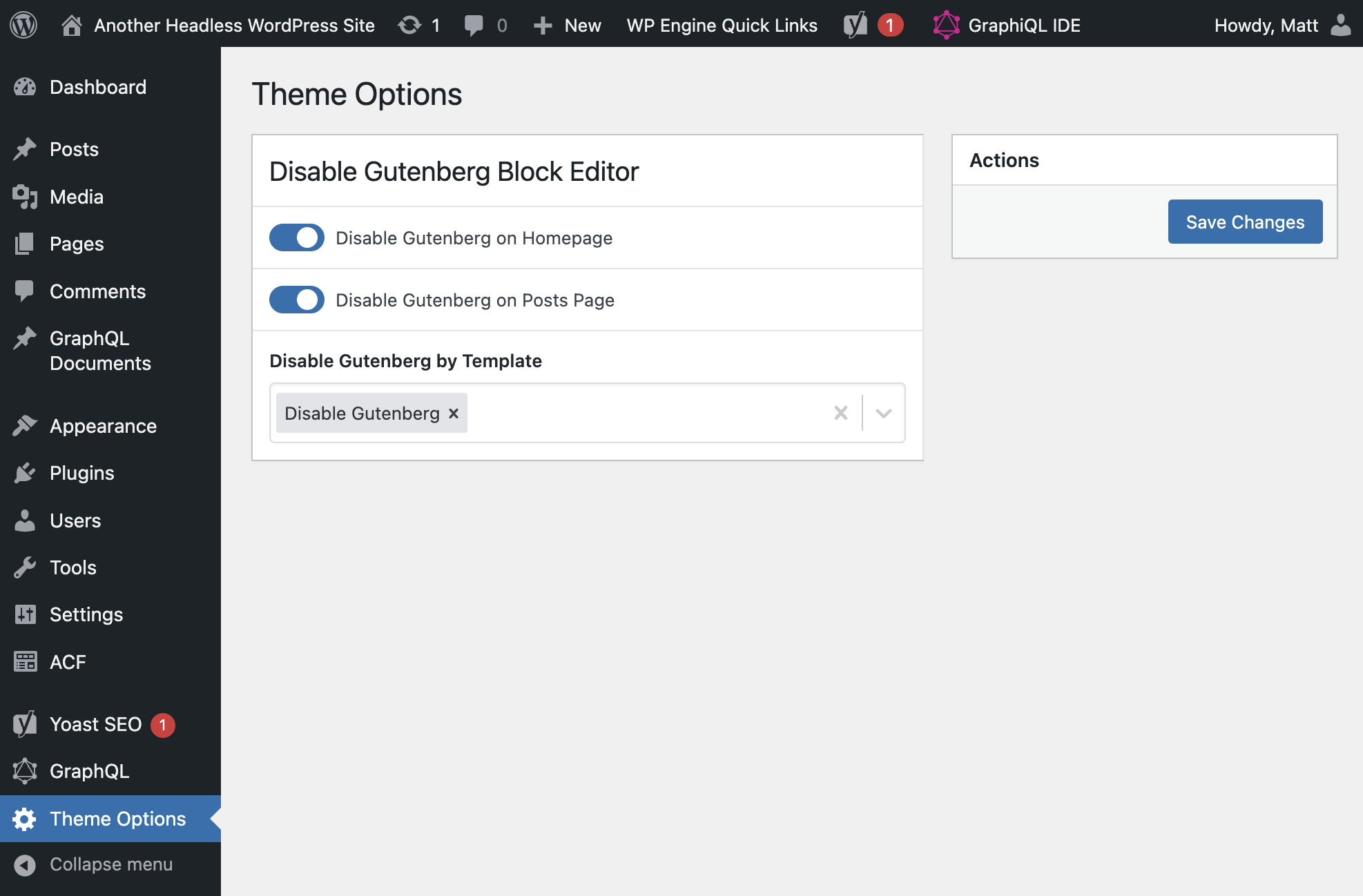 Screenshot of the Bald Parent theme options page, displaying the toggle switches and interface for disabling the Gutenberg Editor.